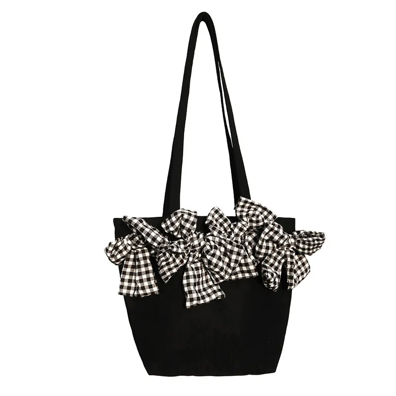 New Fashionable Square Grid Pattern Three-dimensional Bow Large Capacity Bucket Shaped Single Shoulder Diagonal Cross Bag Trendy