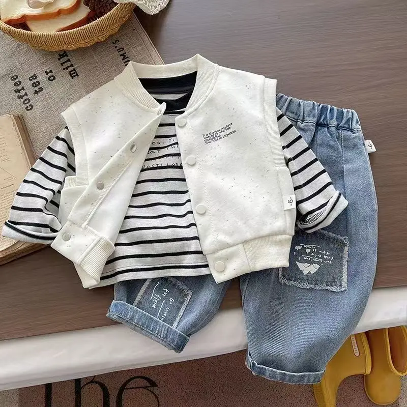 Boys Striped Cartoon Shirt Set 2026 Spring/Autumn New Korean Fashion British Style Three-Piece Set 3