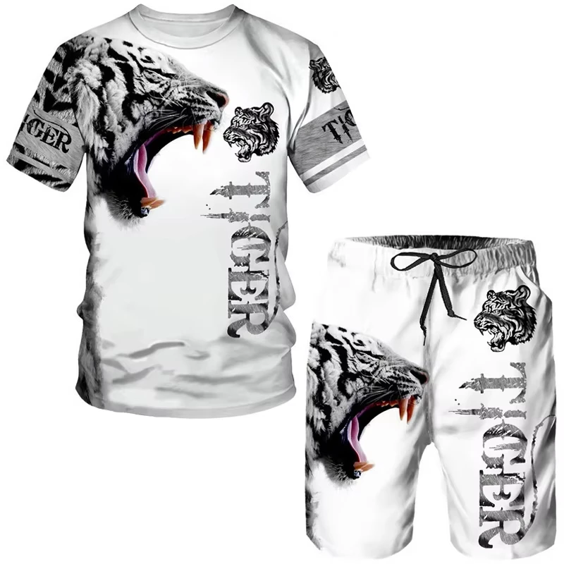 Zomer Trainingspak Set 3d Tijgerprint Heren T-Shirt Tweedelig Pak Oversized Casual Trendy Sportkleding Voor Mannen