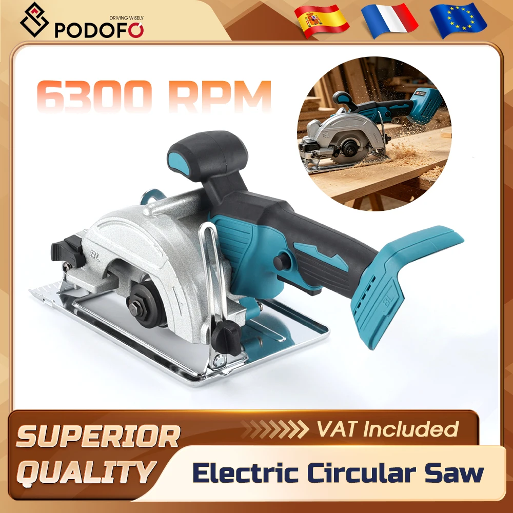 Sierra Circular Inalámbrica Podofo de 5.5 Pulgadas, Sierra Circular Eléctrica de 6300 RPM, 45 Grados °   Ángulo ajustable para batería de 21V para madera y metal
