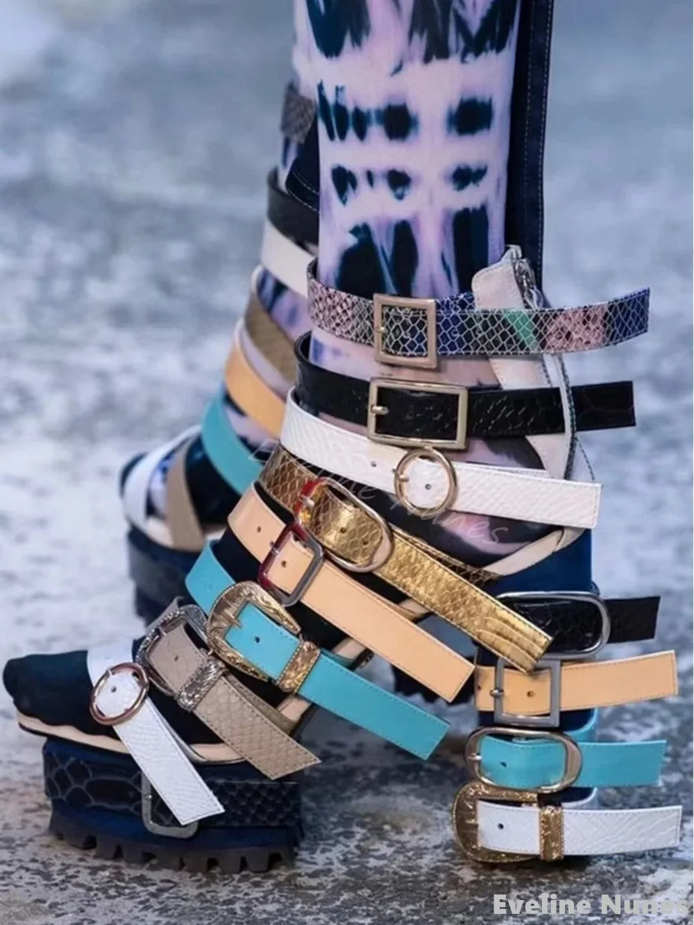 

Belt Buckle Mixed Colors Sandals Women Peep Toe Platform Chunky Heel Roman Motorcycle Sandals 2025 New 14cm Handmade Sandals
