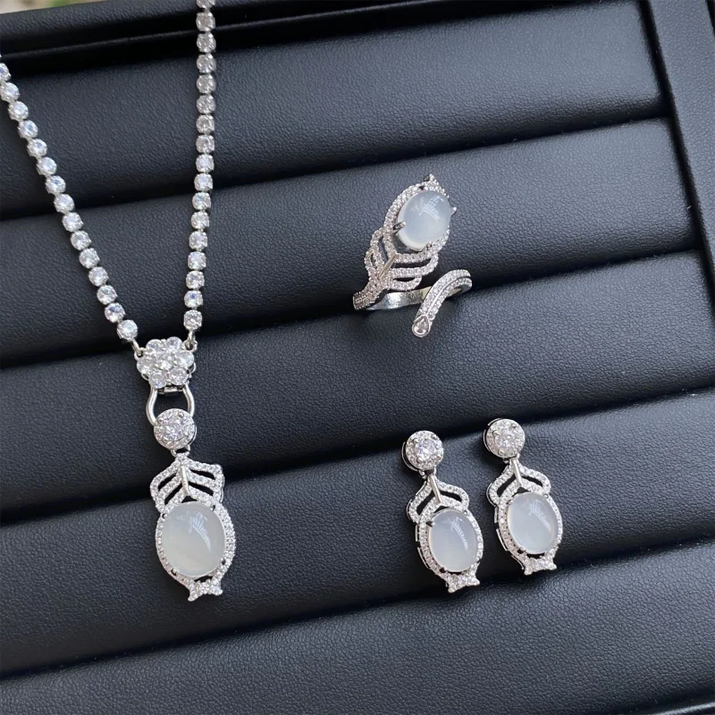 

Natural White Chalcedony Gray Agate Three-Piece Set Full Diamond Open Ring for Women Elegant Luxurious Pendant Earrings