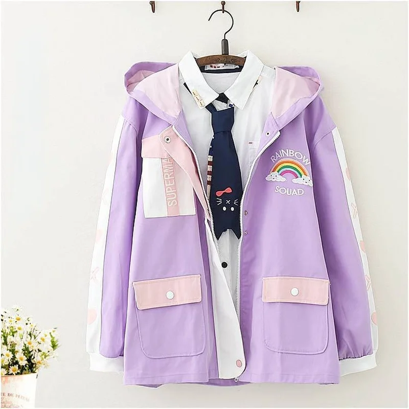 

Rainbow Pink Soft Warm Coat with Hooded 2023 Winter New Embroidery Color Blocking Long-Sleeve Loose Hoodies Cute Coats for Women