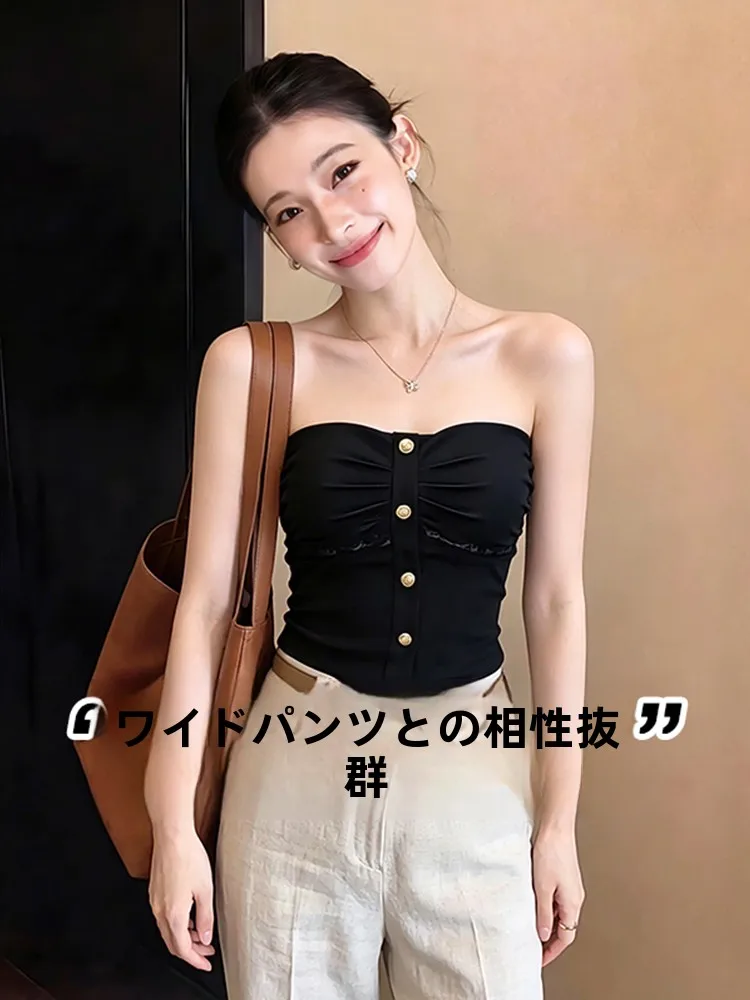 Black Lace Crop Top Women Summer Outerwear Inner Match Thai Style One Shoulder Fishbone Tube Top with Chest Pad Breathable El...