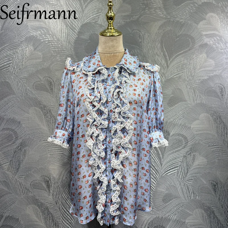 

Seifrmann 2026 Летняя женская новая модная рубашка с отложным воротником, коротким рукавом, однобортная, из шелка с принтом и кружевными вставками