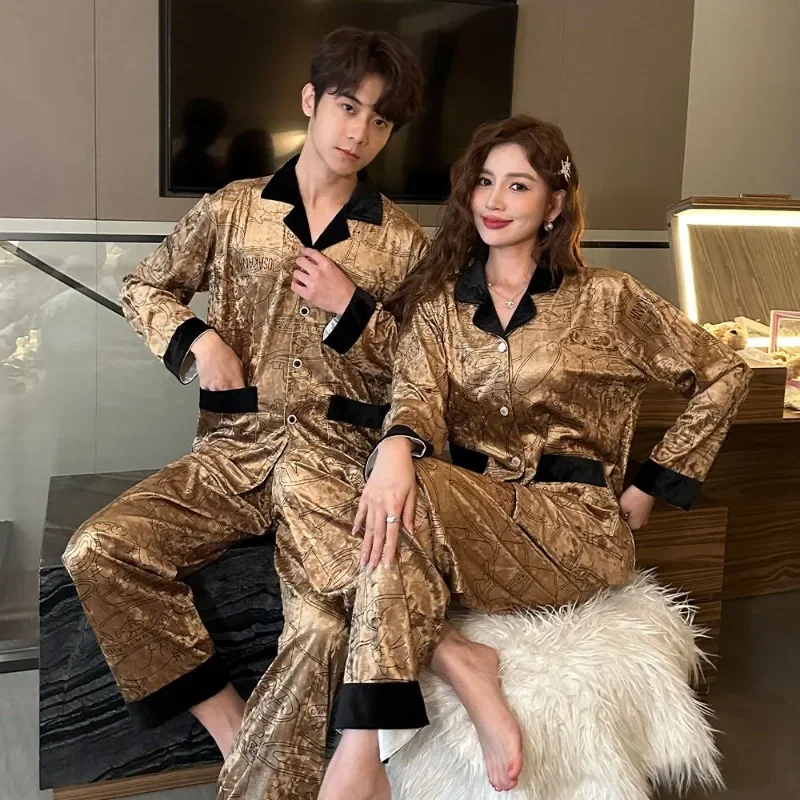 2024 New Gold Velvet Couple Pajamas Spring Autumn Women High-Grade Long Sleeve Thin Sleepwear Set Men Loose Casual Homewear Suit