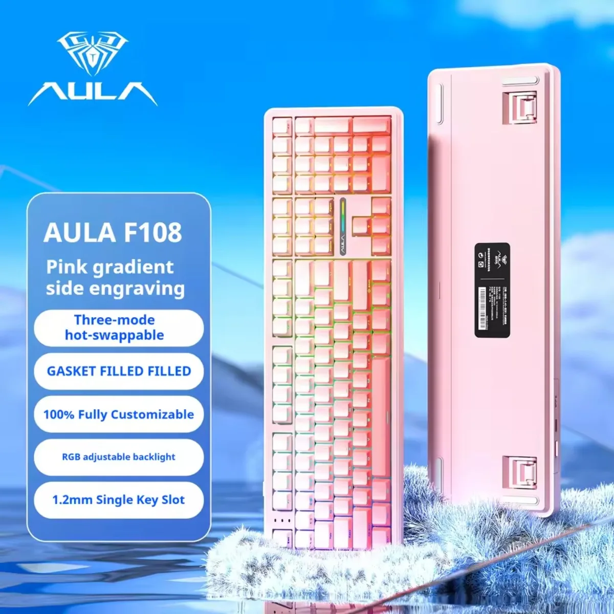 

AULA F108 Gaming Keyboard Tri-Mode 100% Layout 1K Polling Rate Gasket-mounted Macro Software Wireless Customized Keyboard