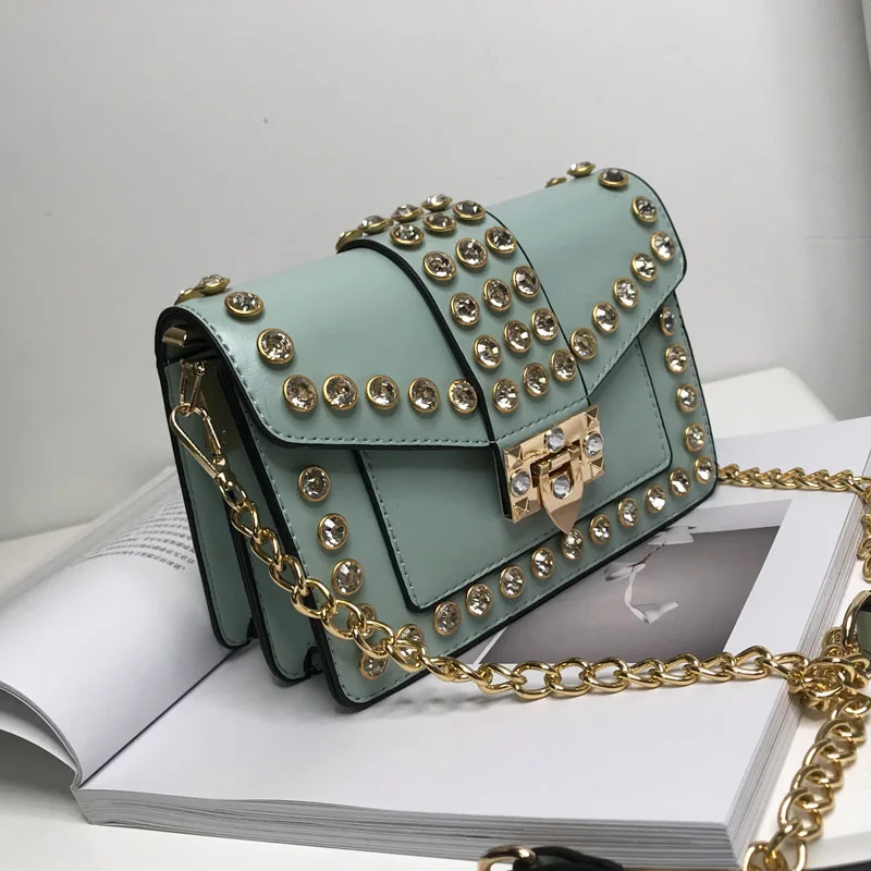 Luxury Designer Clutch Purses and Handbags for Women Rivets Diamond Leather Flap Small Square Bags Chain Shoulder Messenger Bag