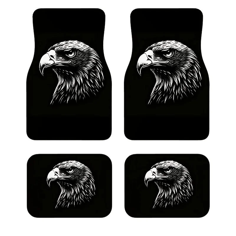 4pcs Black Background White Eagle Car Floor Mats | Durable Polyester, Non-Slip, Easy To Clean, Universal Fit For Cars, Trucks, A