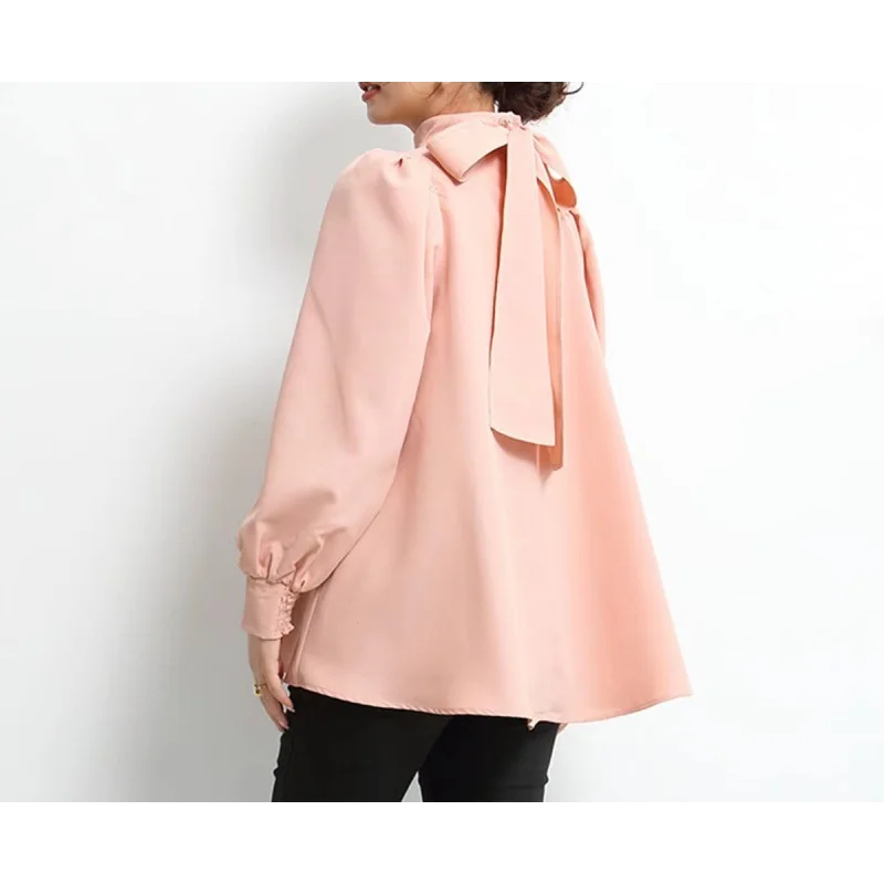 Chiffon Blouse for Women, Long Sleeve Top, Bow Stand Neck, Loose, Solid Striped, Big Size, Elegant Blouses for Women, 2024