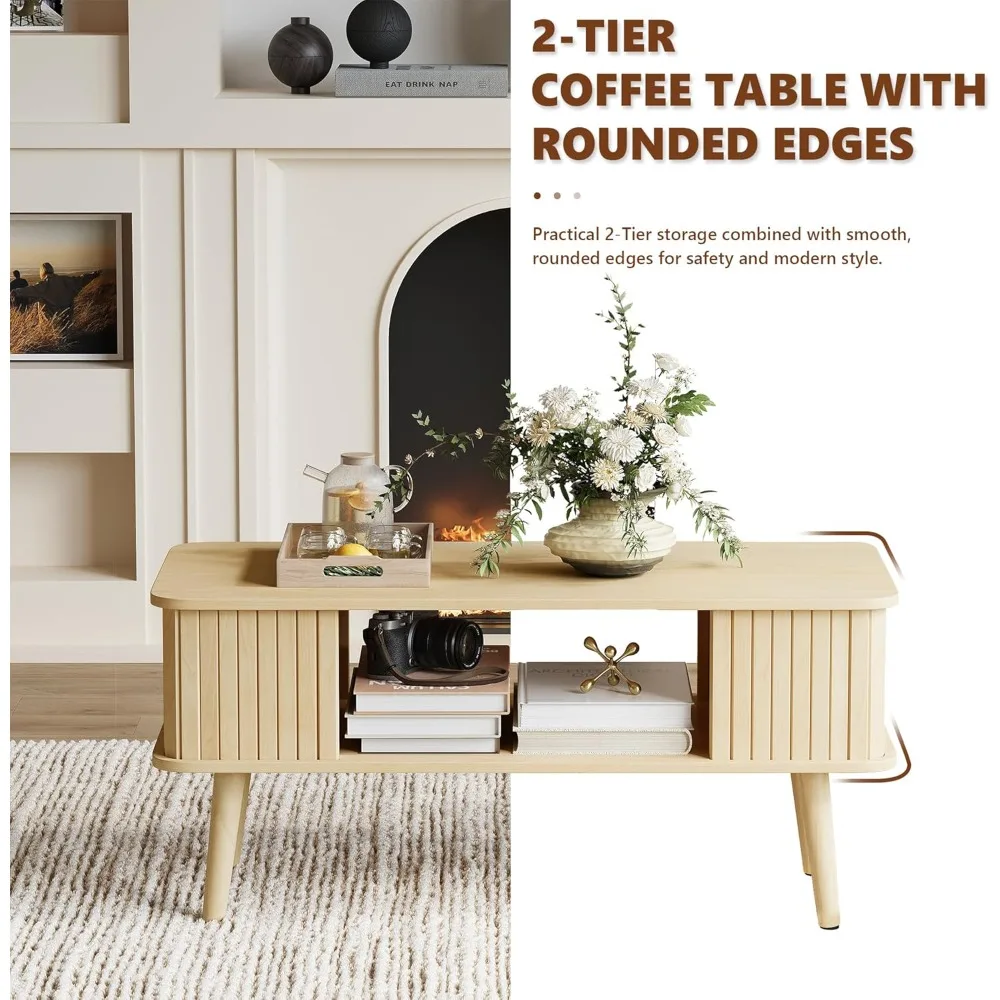Coffee Table with Storage Center Table for Living Room Rectangle Coffee Table with Rounded Edges,Easy Assembly, Natural Wo