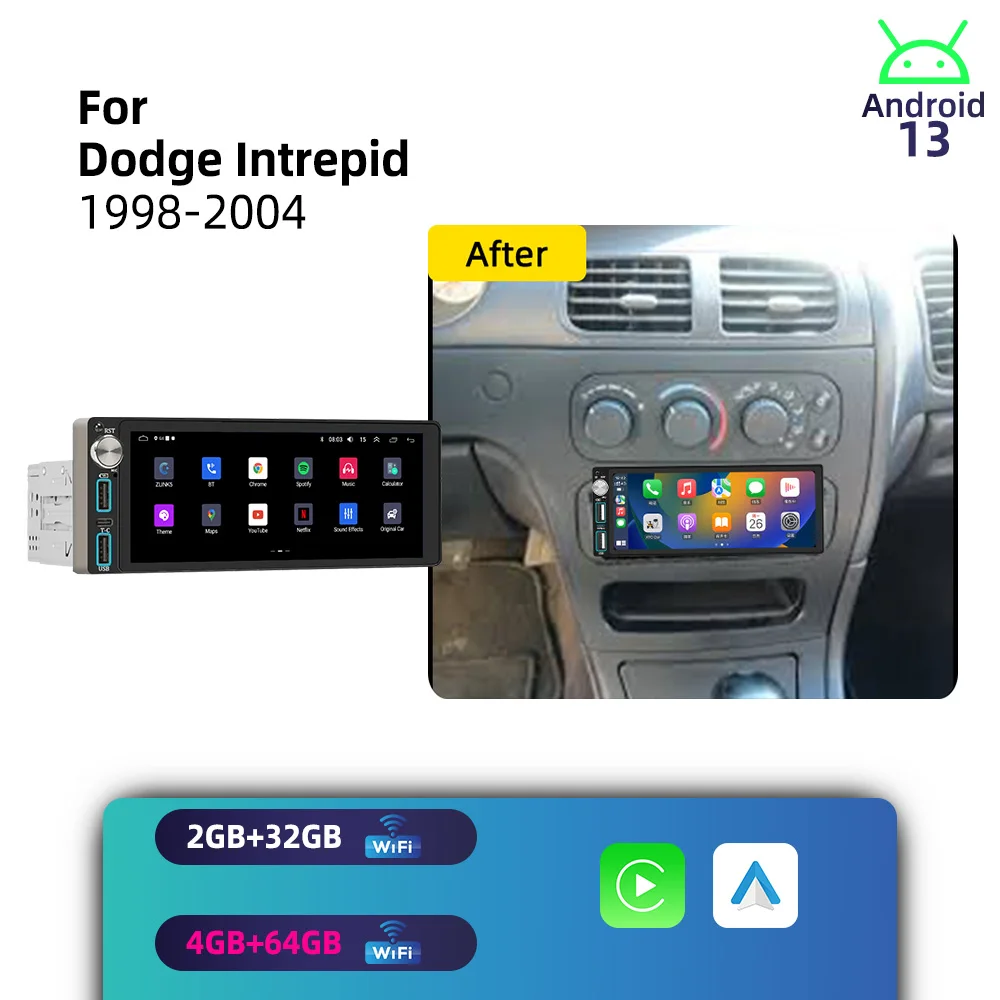 Estéreo para Auto Inalámbrico con CarPlay y Android, Unidad Principal de 6.86 Pulgadas y 1 Din para Dodge Intrepid 1998-2004, Radio, Autoradio, GPS, Multimedia