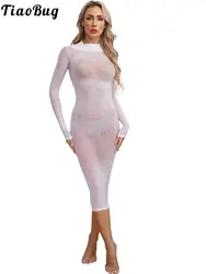 Womens See Though Skinny Dress Lingerie High Stretchy Glossy Bodycon Dress Long Sleeve Sleeveless Dating Club Rave Party Clothes