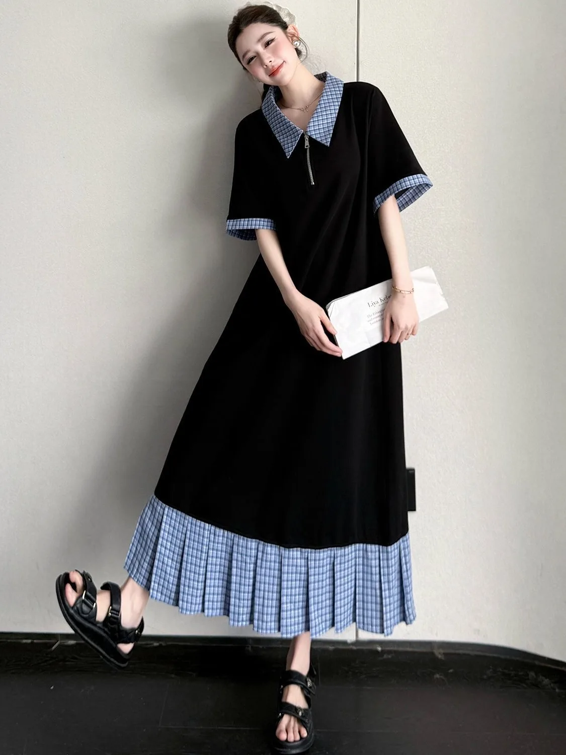 

plus Size Casual Collar Patchwork Shirt Dress Asymmetrical Conceal Meat Leisure Dress Korean Style High Waist Polyester ...