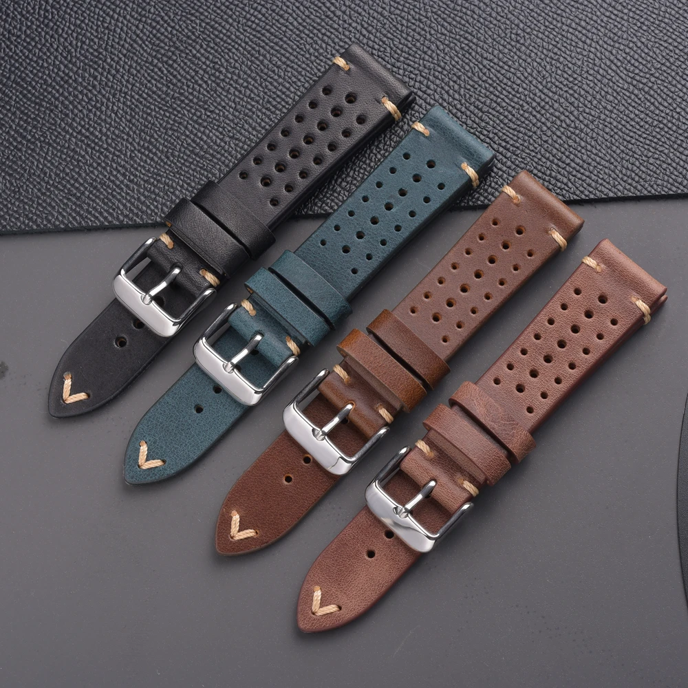 EACHE Rally Racing Leather Watch Straps Holes Brown Retro Vintage Watch Band 20mm Waxed Perforation Cracket Perforated Top Grain