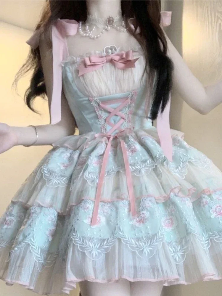 Vestido corto de encaje para mujer, minivestido de una pieza, estilo Kawaii, japonés, Lolita, Vintage, elegante, con lazo, ajustado, Princesa, novedad de 2024