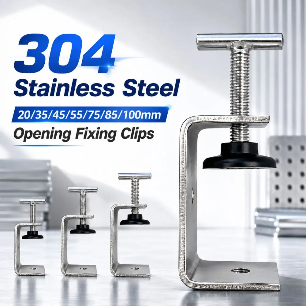 304 Stainless Steel C-clamp T-shaped Head 20-100mm Opening Square Clamp Rubber Pad Hand-Tightening Woodworking Fixing Clips