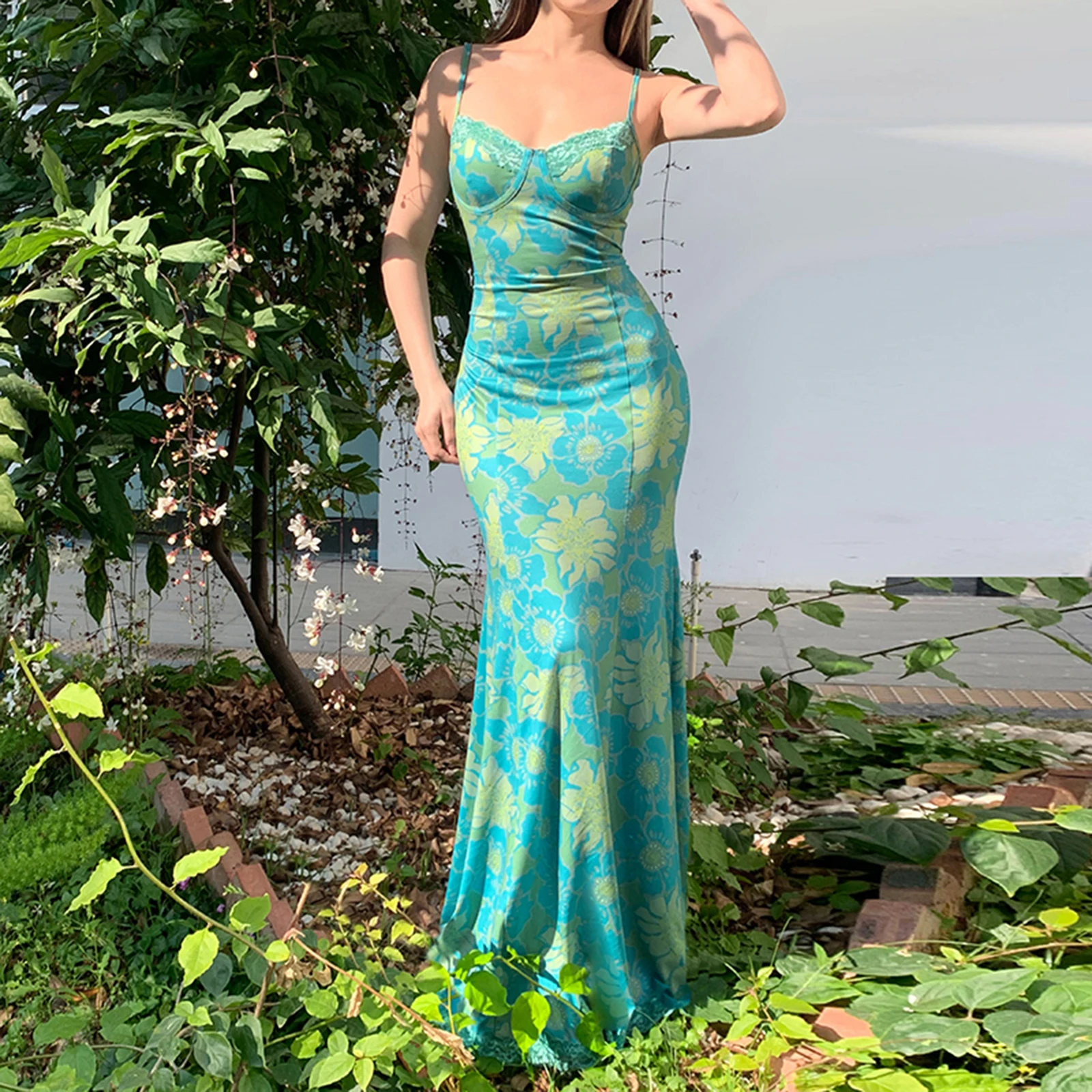 Vrouwen Kanten Bloemen Spaghetti Jurk Slanke Sweetheart Hals Mouwloze Lange Bodycon Fishtail Jurk voor Party Club
