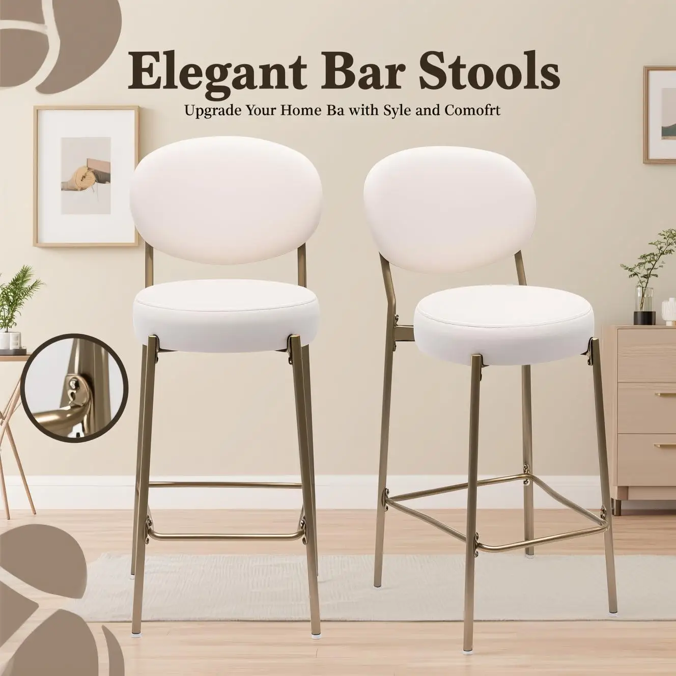 

Kitchen circular dining chairs, 2 bar stools with backrests, comfortable footstool