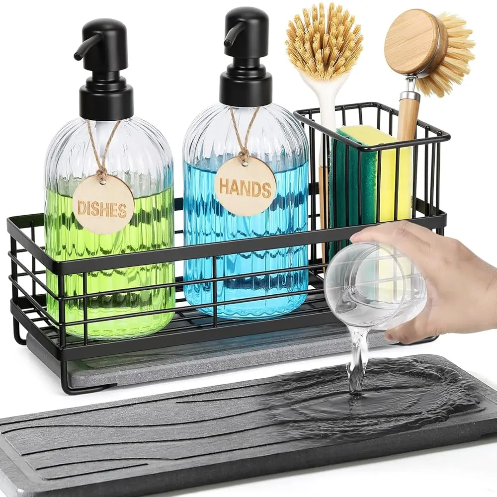 

Kitchen Dish Soap Dispenser Set, 14OZ Glass Bottle with Rustproof 304 Stainless Steel Sponge Holder and Instant Dry Tray, Ha