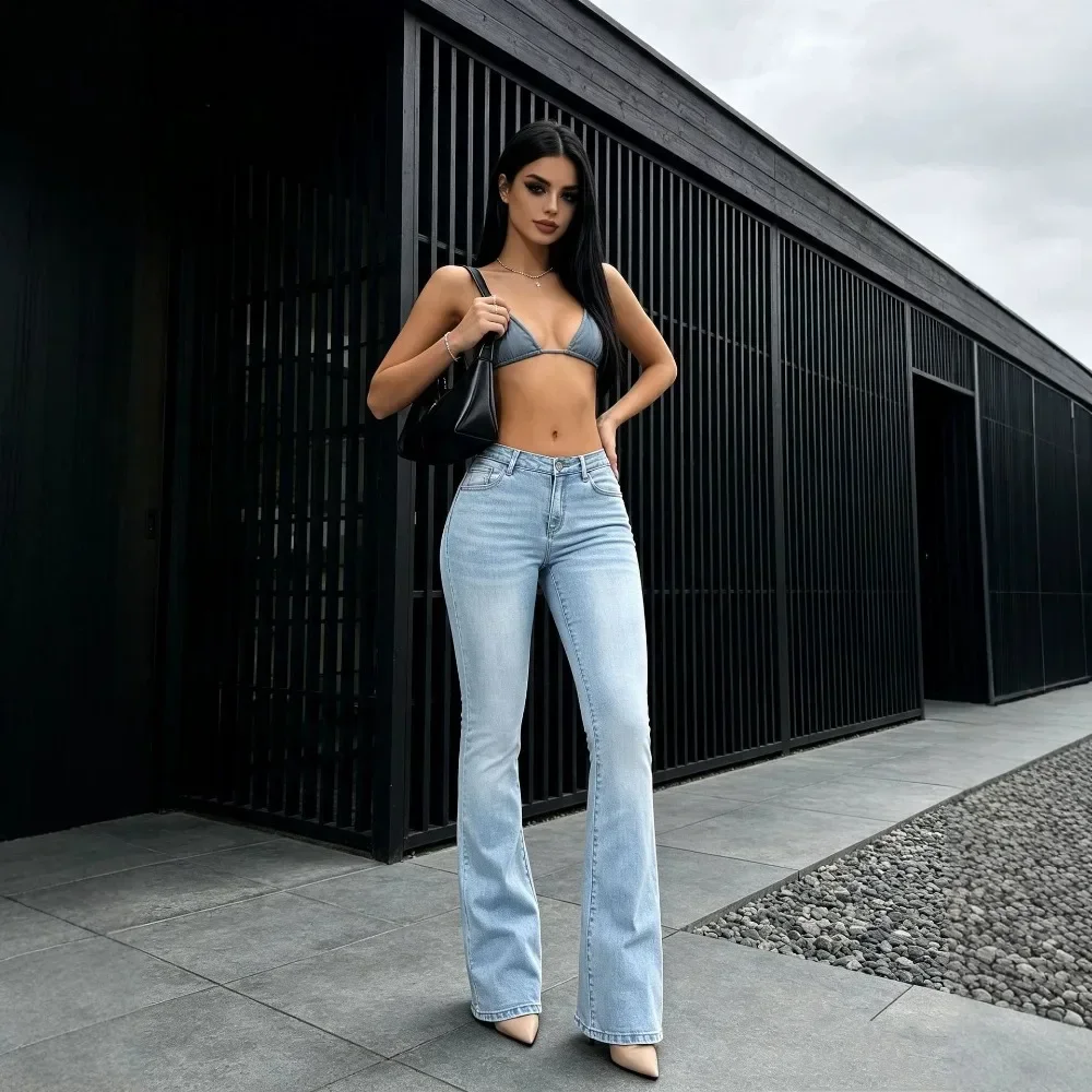 Women Mid-Rise Light Blue Washed Stretch Slim Leg-Lengthening Flare Jeans Casual Daily Streetwear Chic Minimalist New