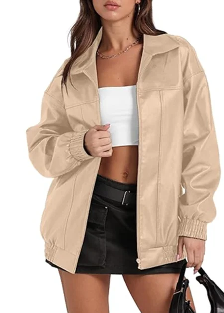 Women's Blouses 2025 Autumn Winter Latest Leather Jacket Long Sleeved Lapel Zipper Side Pocket Casual Trench Coat Cardigan