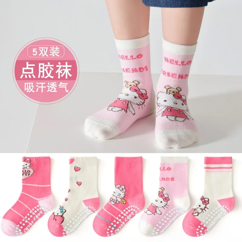 

5 Pairs Sanrio Hello Kitty Kids Non-slip Socks Kuromi New Fall Winter Cartoon Children Mid-calf Socks Cotton Sock for Girls Boys