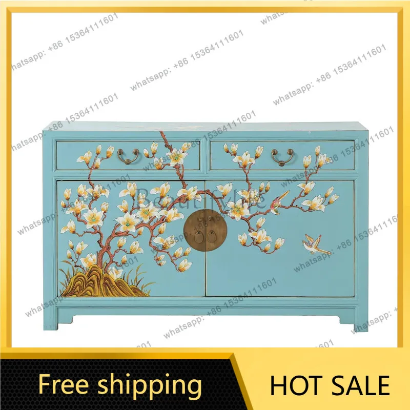 XX. New Chinese antique solid wood porch dining side cabinet hand-painted storage cabinet