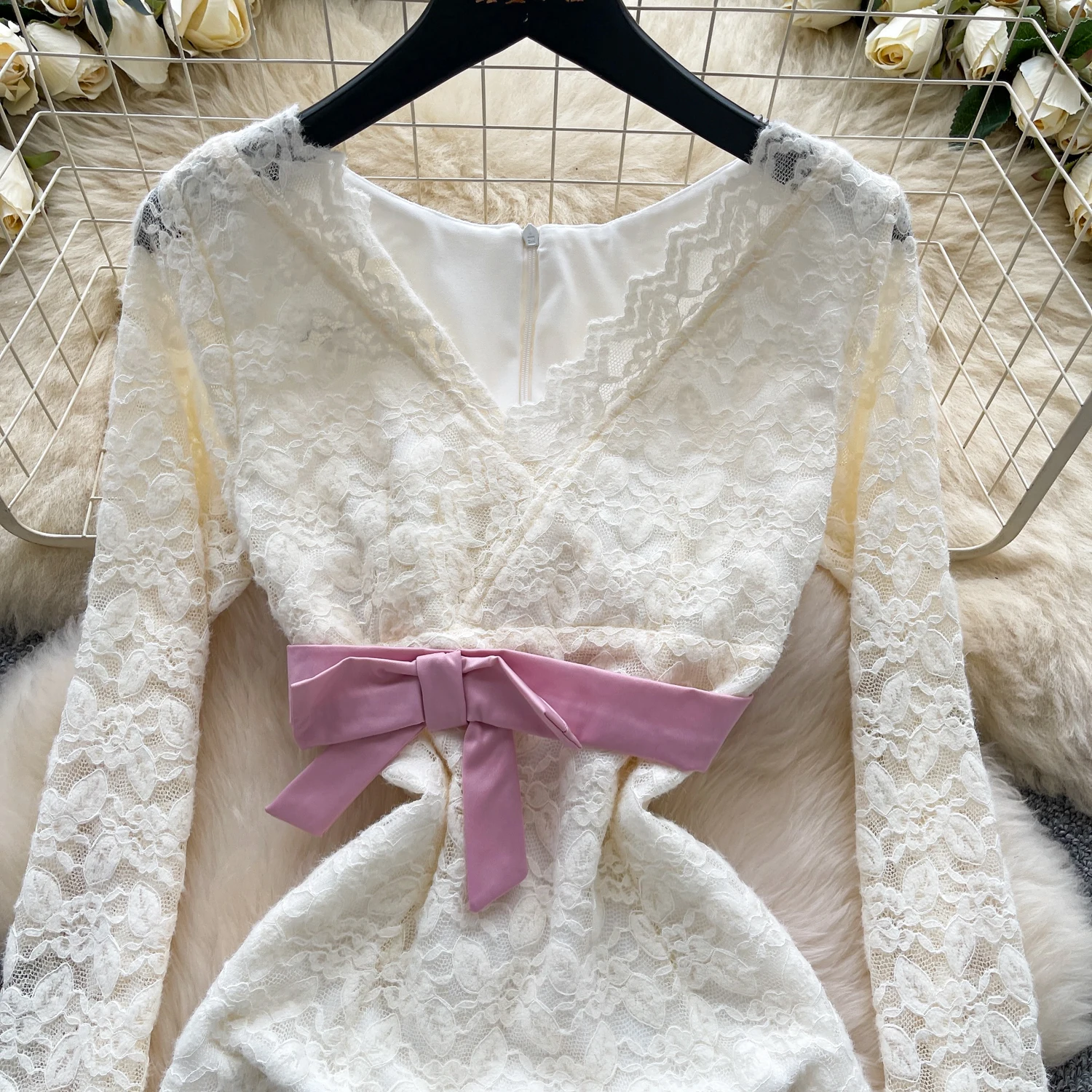 ชุดเดรสวินเทจเก๋ไก๋ คอวี แขนยาว สไตล์เกาหลี สวยสง่า สำหรับฤดูใบไม้ร่วง เสื้อผ้าผู้หญิง