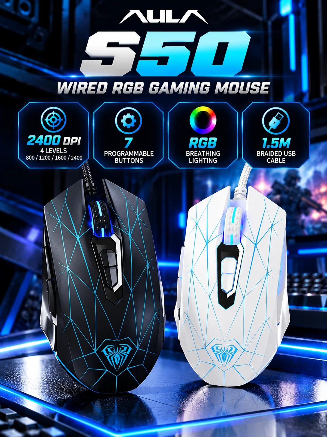AULA S50 Wired Gaming Mouse 2400 DPI RGB Optical Mouse 7 Programmable Buttons 1.5m Braided USB Cable