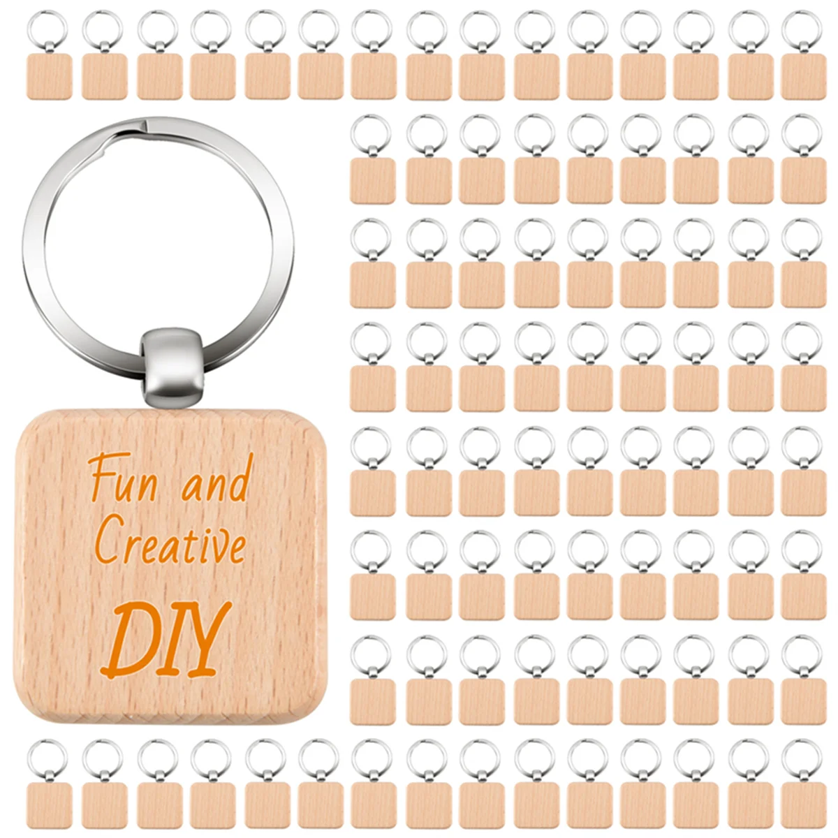 New 100Pcs DIY Blank Wooden Key Chain Square Carved Key Ring Wooden Key Ring About 40 x 40 mm