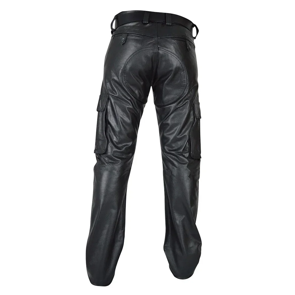 Men Punk PU Leather Straight Pants Slim Fit Motorcycle Trousers Handsome Male Treedy Streetwear Casual Cargo Pants With Pocket