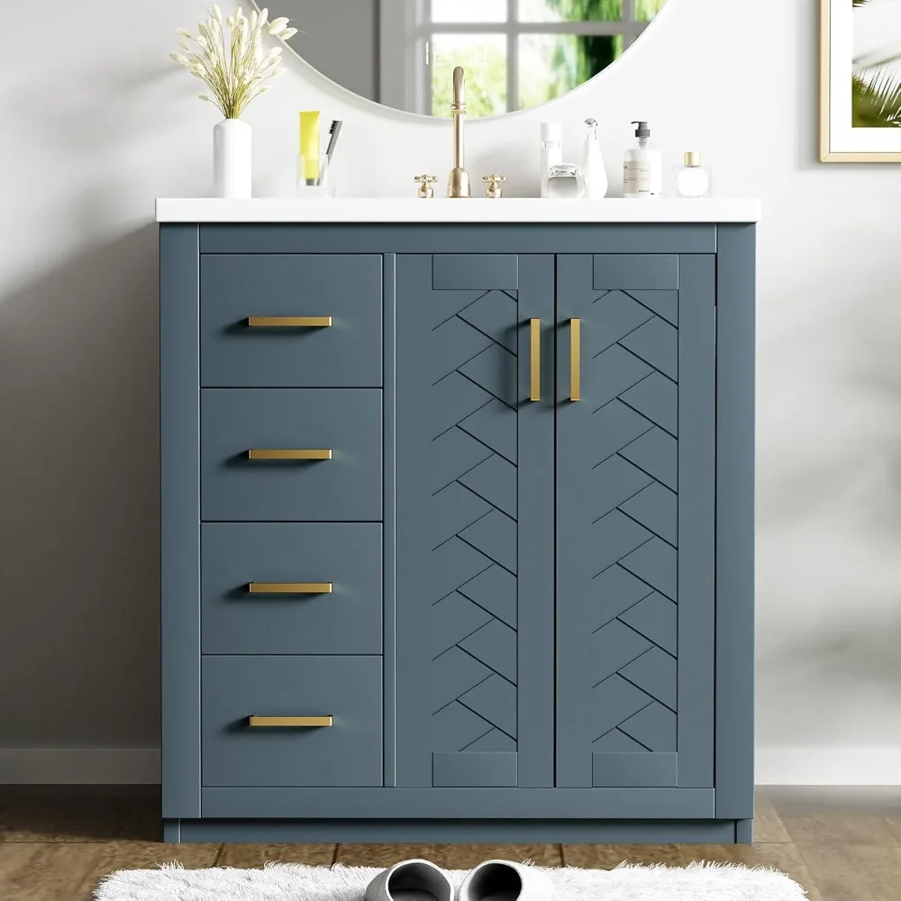 

Herringbone Single Sink Bathroom Vanity, 30" Modern Bathroom Vanity Storage Cabinet with 3 Drawers and 2 Doors, Solid Wood Frame