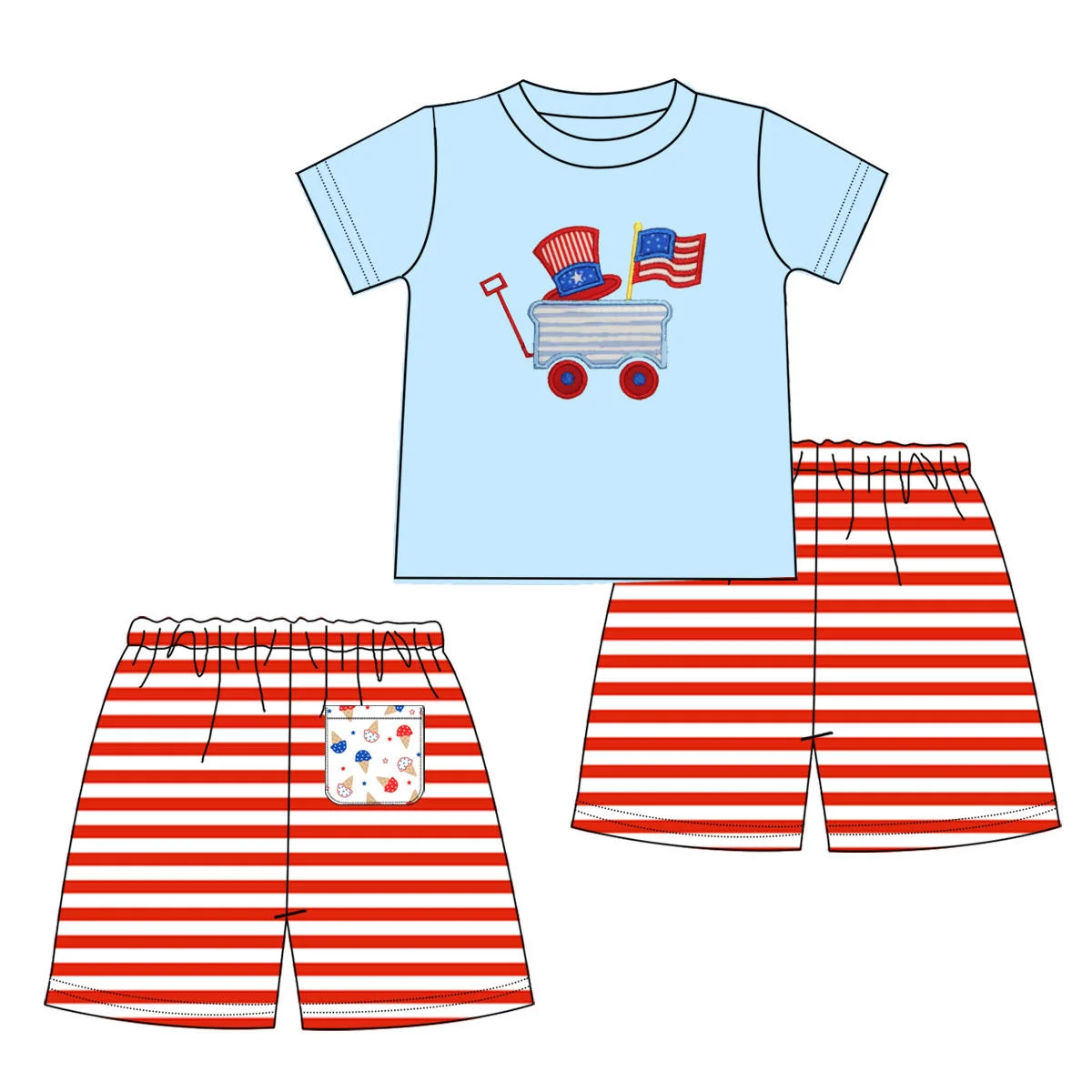 

New Boutique July 4th Children's Clothing Cartoon Car Print Short-Sleeve Boy Girl Suit Infant Bubble Romper