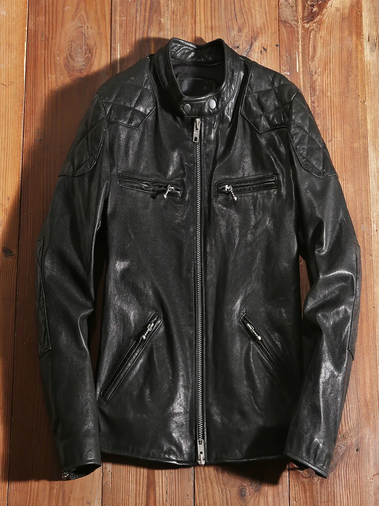 

New Black Motorcycle Biker Leather Jacket Genuine Spring and Autumn Coat Slim Quality Sheepskin Soft Clothes