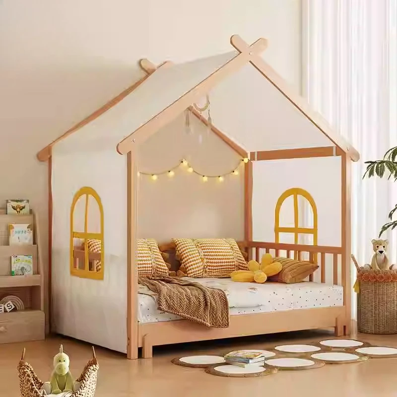 

Solid Wood Retractable Children's Bed Boy Girl House Bed with Guardrail 1.5m
