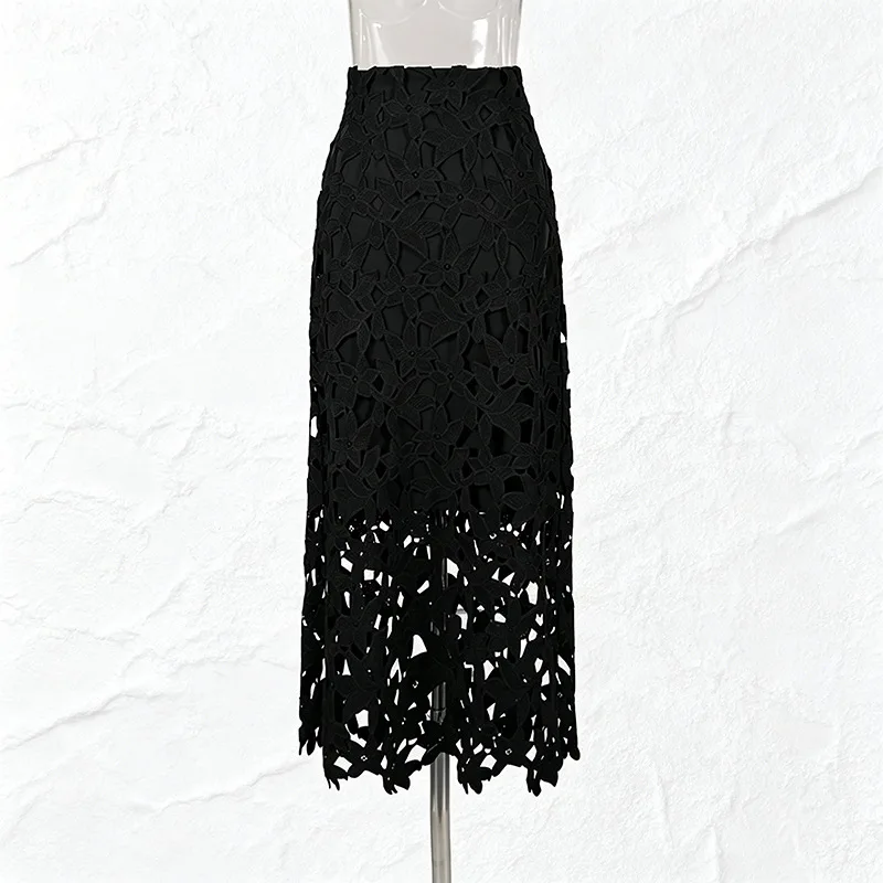 ZAMOR HIGH END French Style Elegant High Waist Slim Fit Straight Skirt Hollow Out Lace Design Midi Skirt for Women 2026 New