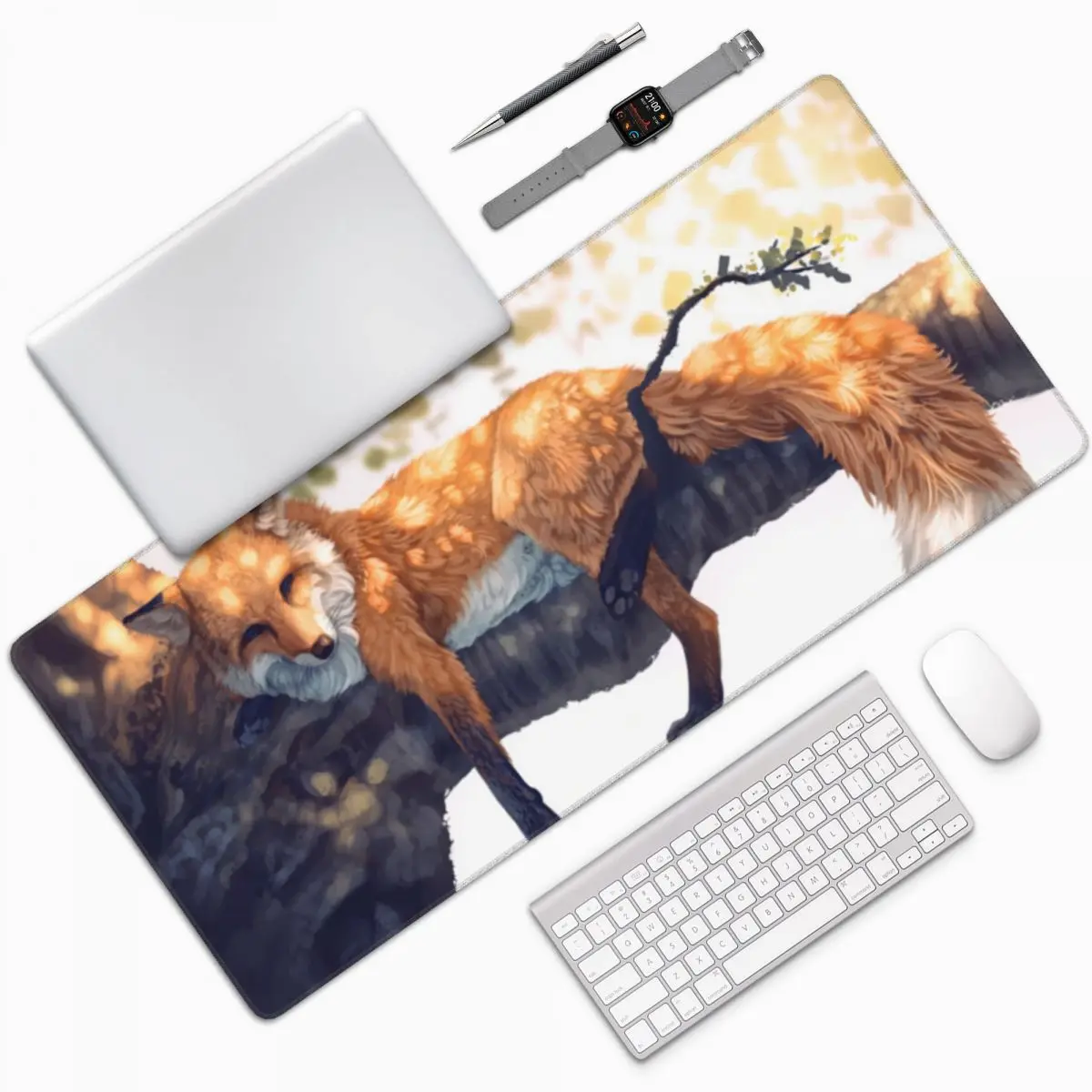 A Fox Perched On A Branch Painting Large Mouse Pad Computer Keyboard Mouse Mat PC Laptop Desk Mat Office Accessories Table Mats