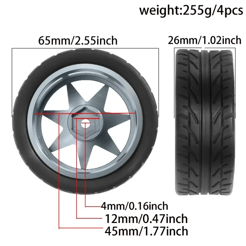 ล้อแม็กซ์โลหะขนาด 65 มม. 1/10 จำนวน 4 ชิ้น พร้อมดุมล้อขนาด 12 มม. สำหรับรถ Tamiya TT01 TT02 TT02B TA06 XV01 XV02 PTG-2 1/10 RC รถแข่ง อะไหล่แต่ง