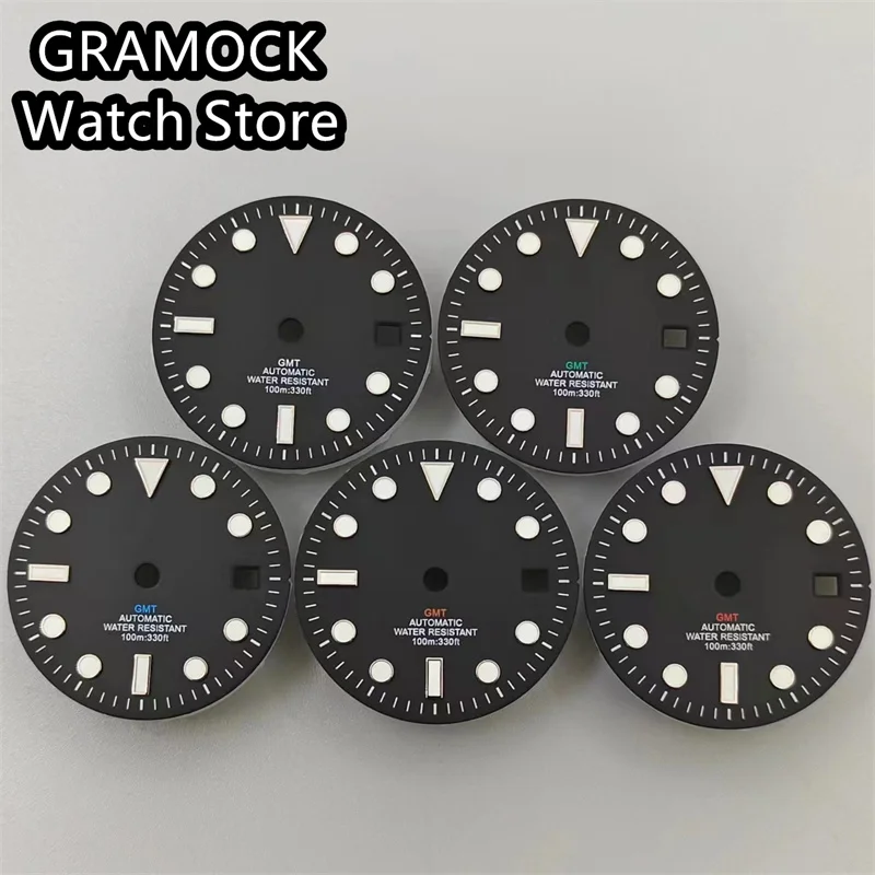 GRAMOCK 29mm black watch dial White Red Orange Green Blue GMT Mark Dial luminous dial fit NH34 MingZhu3804 movement