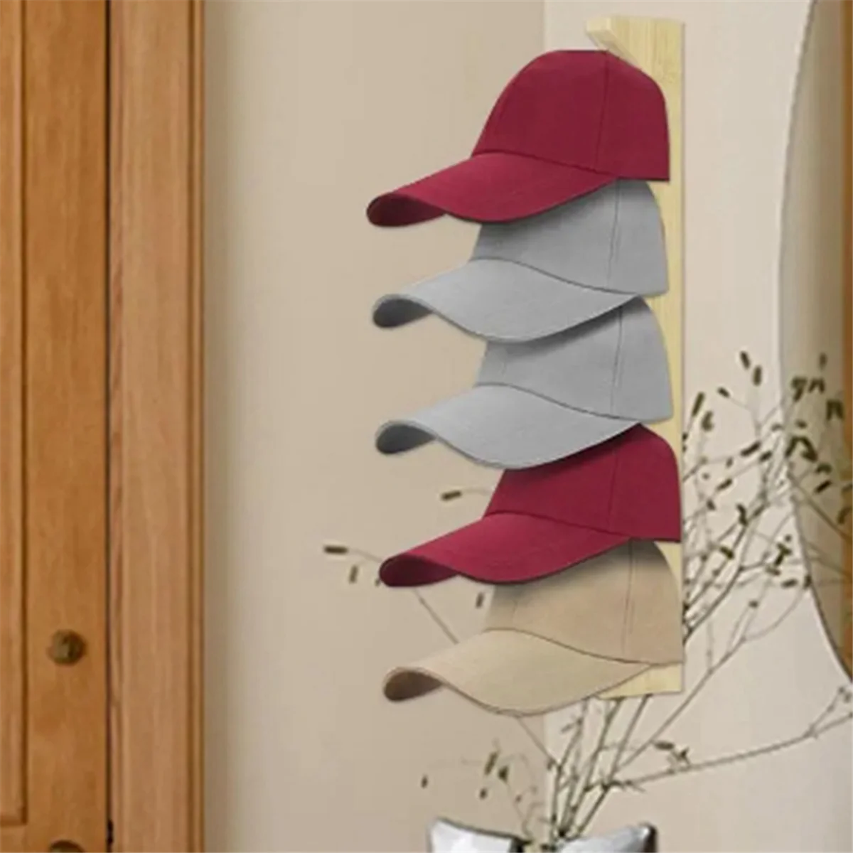 AU35 Wooden Hat Hanger for Baseball Cap Home Decor Space-Saving Wooden Organizer with Display Shelf Wood Color