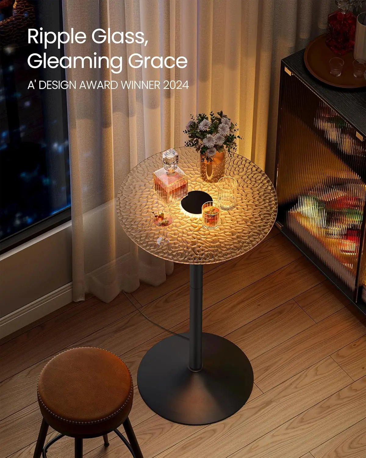 Round Cocktail Table with Multi-Colored Lights and Glass Top, Large Steel Base, 41.3 Inches Tall Pub Table for Kitchen, Bistro