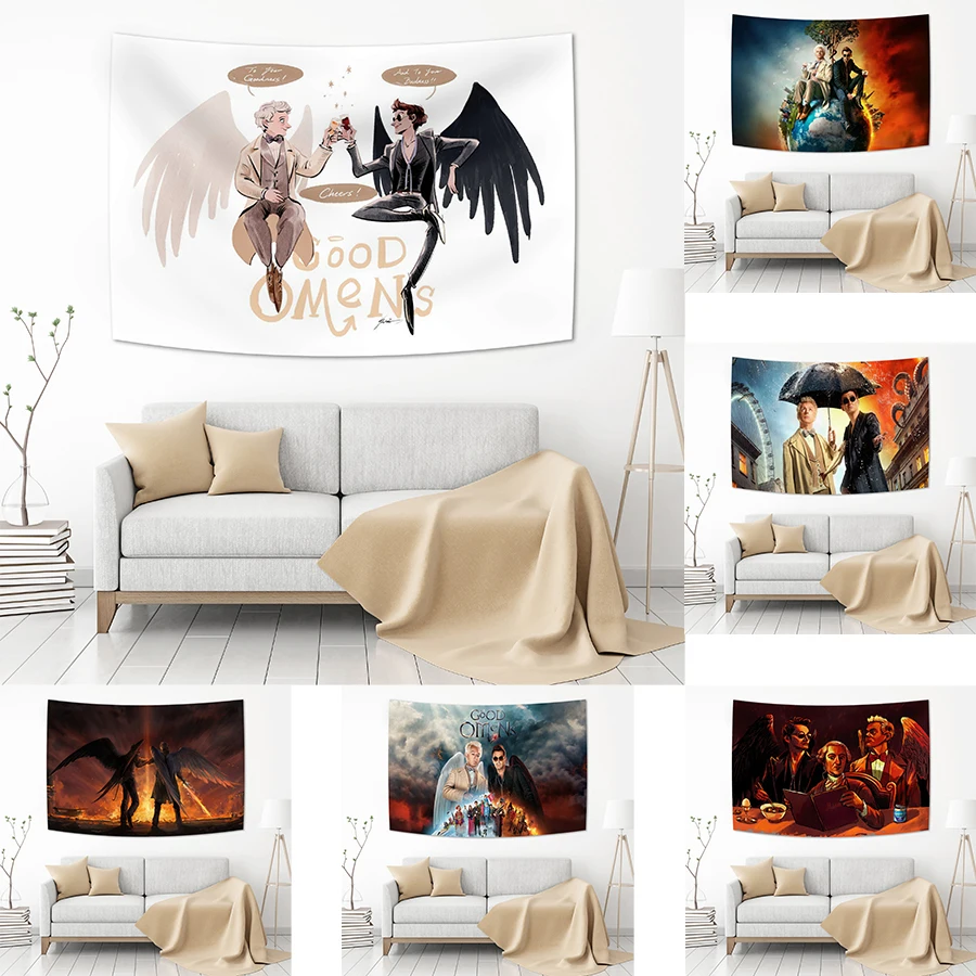 

Aziraphale And Crowley Tv Tapestry Devils And Angels Hippie Psychedelic Canvas Bedroom Decor Bedside Hangings