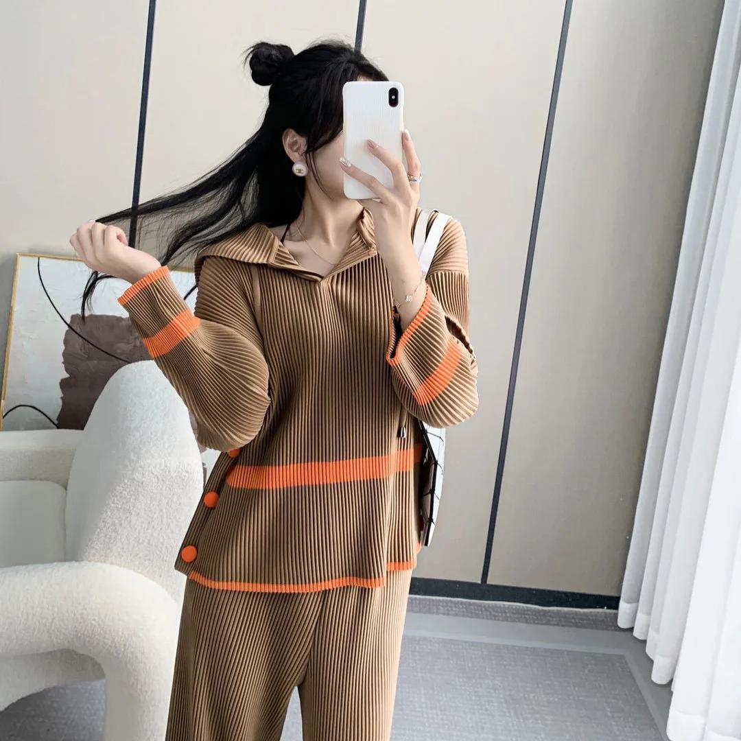 Pleats Pleated Sweater Hoodie Casual Color Clashing Striped Long Sleeve Sweater Top Early Fall New V-neck Loose Jacket