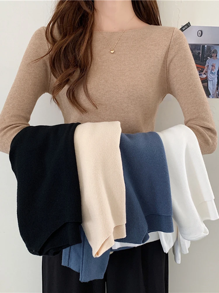 Slash Neck Slim Knitted Pullovers 2026 Autumn Winter Women Sweaters Chic Basic Solid Jumper Female Sweater Casual Jersey Tops