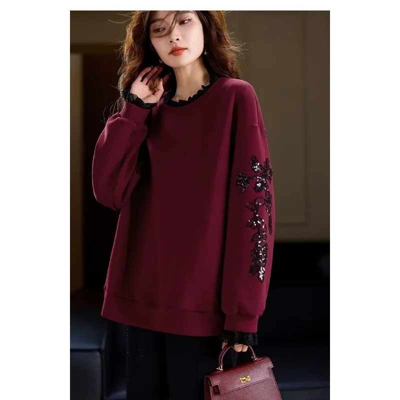 Women's Burgundy Sweatshirt With Black Sequin Floral Embroidery Lace Trim Loose Casual Long Sleeve Round Neck Top
