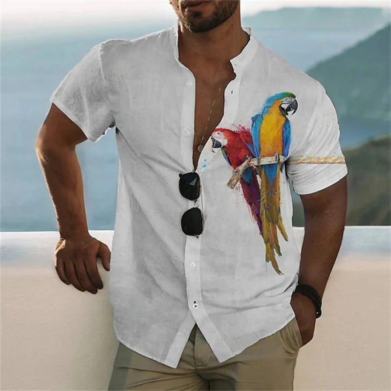 Handsome Men\'s Summer Short Sleeve Button Down Shirt 2024 New Outdoor Travel Temperament Tee Fun Parrot Printed Short Sleeve