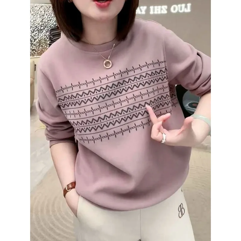 

Round Neck Right Shoulder Pullover Sweatshirt for Women Double-sided Velvet Western Style Printed Loose Casual Windproof Top