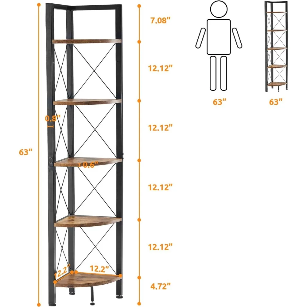 5-Tier Corner Shelf Stand, Tall Corner Bookshelf, Corner Storage Shelves for Living Room, Home Office, Small Space, Brown