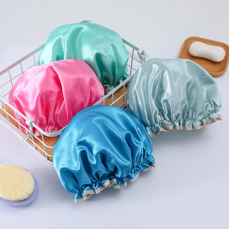Solid Color Satin Waterproof Shower Caps 27Cm Double-Layer Thickened Cosmetic Dust Cap Anti-Fume Faux Silk Adult Hair Bonnets